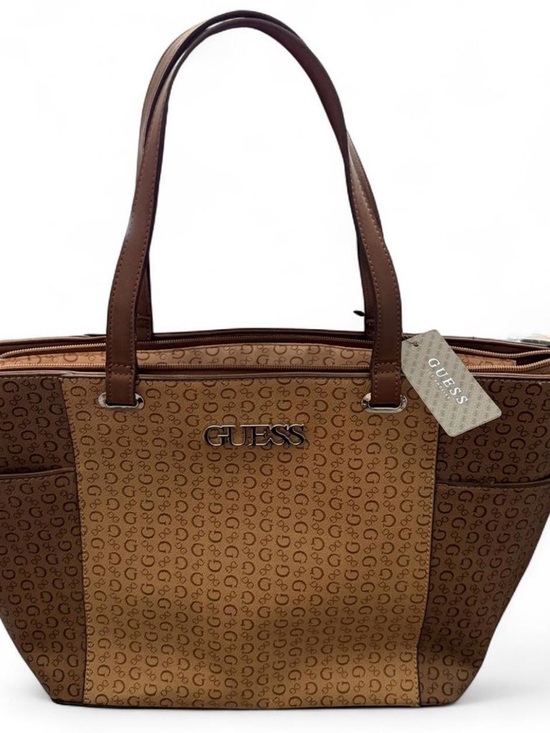 Guess Handbags - GUESS Brown Monogram Tote with Dark Brown Trim